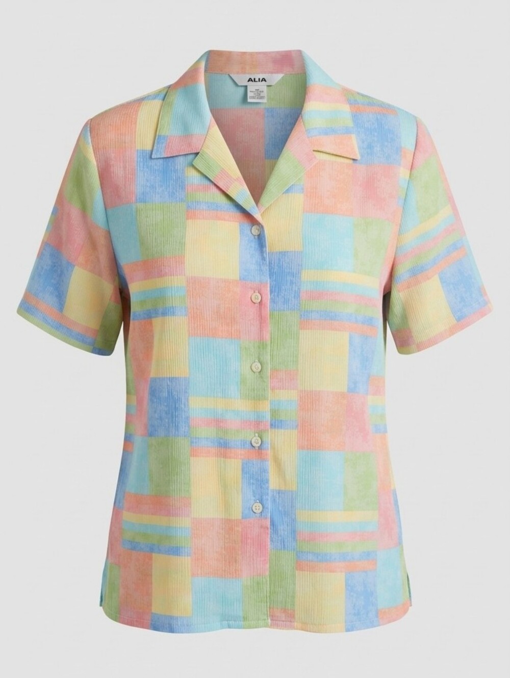 Alia Vintage Plus Size Pastel Patchwork Check Short Sleeve Button-Up Shirt 18W
